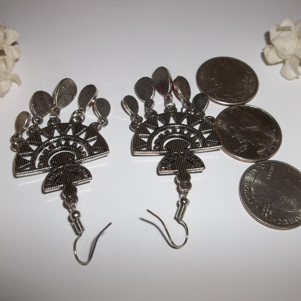 Chandelier Earring Red and Silver Dangle Drop Southwestern Boho Style Set A486 - Picture 4 of 5